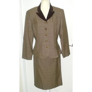 LESLIE FAY Women 2 PC Brown Suit Plaid Skirt & Jacket Size 12